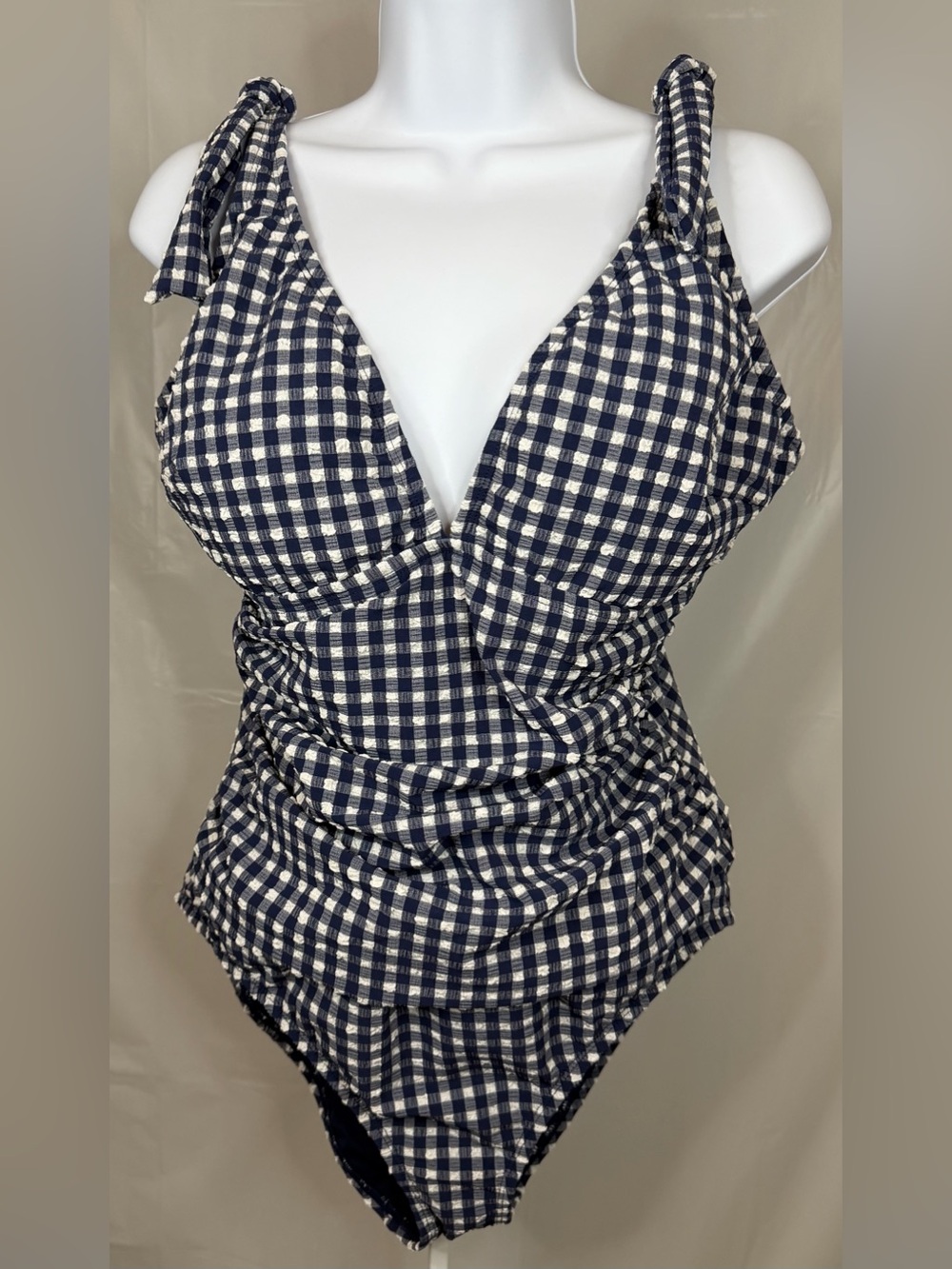 Ellen Tracy XL Navy Gingham One Piece Swimsuit Tie Shoulder Ruched Swim